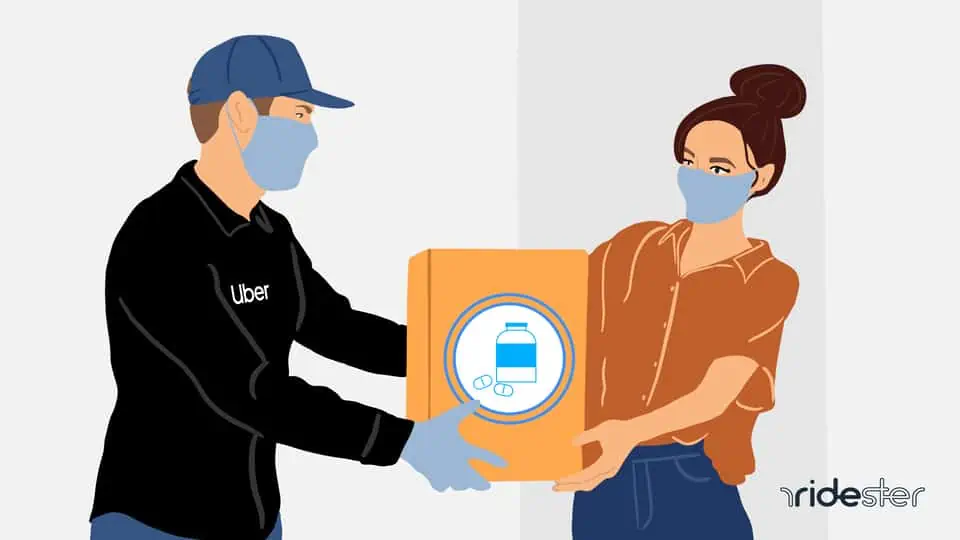 Vector graphic showing an Uber Pharmacy delivery driver giving an Uber Pharmacy delivery to a customer