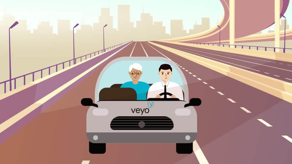 vector graphic showing a veyo driver driving a passenger in a vehicle down a road