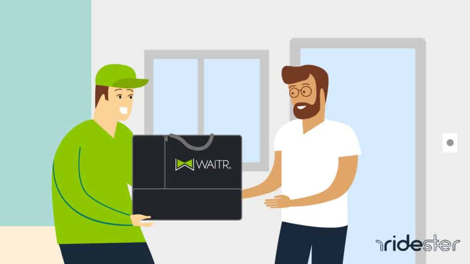 Vector graphic showing a Waitr driver delivering an order to the house of a customer