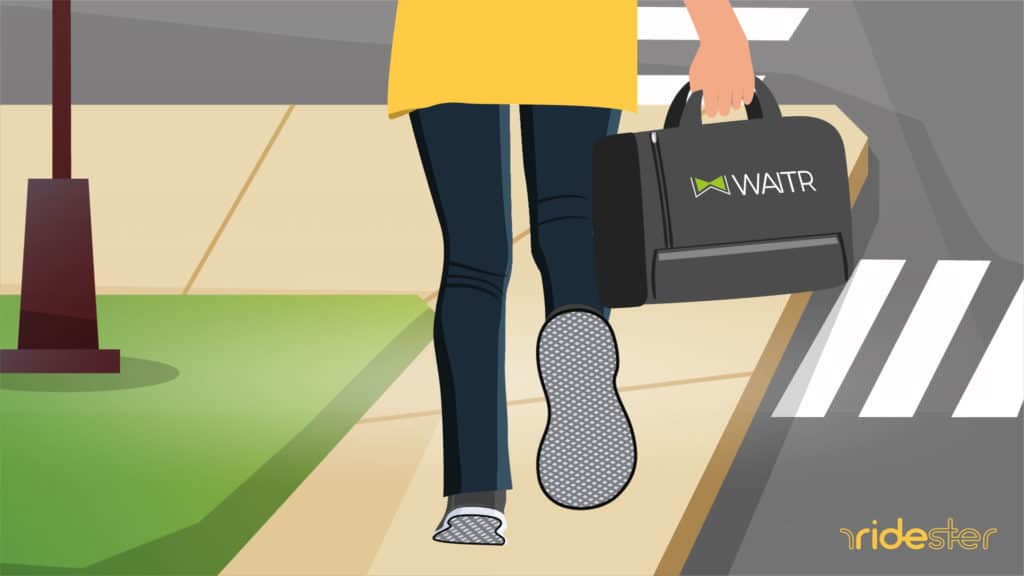 vector graphic showing a waitr driver walking down a city street with a Waitr food delivery in hand