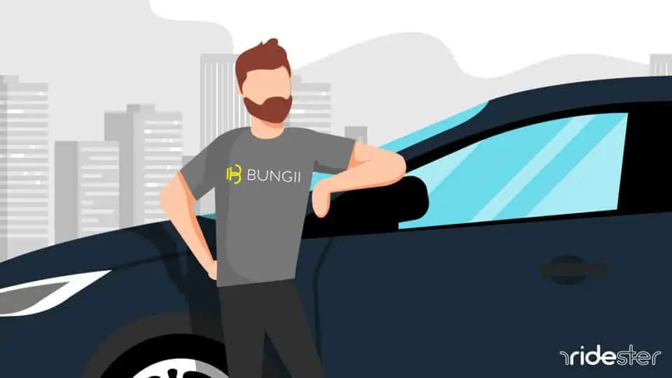 vector graphic showing a bungii driver standing next to his car