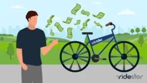 vector graphic showing a man standing next to a citi bike with money coming out of it to illustrate the citi bike cost