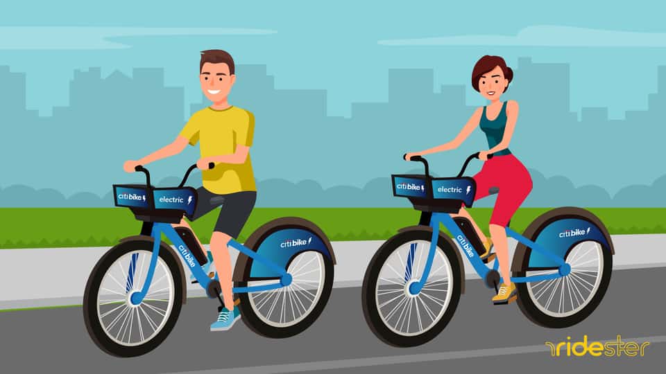 vector graphic showing two people each riding a citi bike electric bike