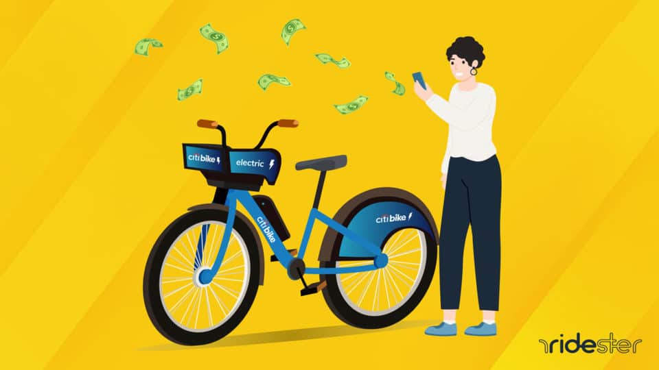 vector graphic showing a citi bike user standing next to the bike with money coming out of their phone to show they saved with a citi bike promo code