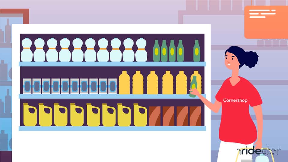 vector graphic showing a cornershop shopper walking in a store and doing a shopping order for a customer