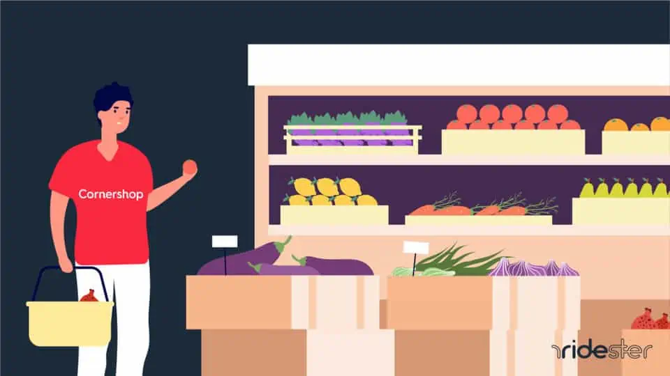 vector graphic showing a cornershop shopper walking in a store and doing a shopping order for a customer