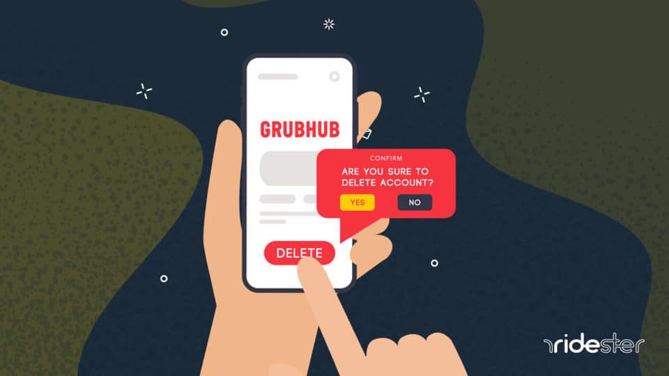 vector graphic showing a hand doing a delete grubhub account on their phone