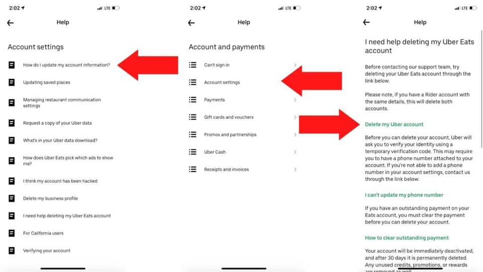 screenshot showing the process of how to delete uber eats accounts