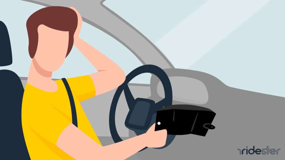 vector graphic showing a confused-looking driver thinking about driving without a license