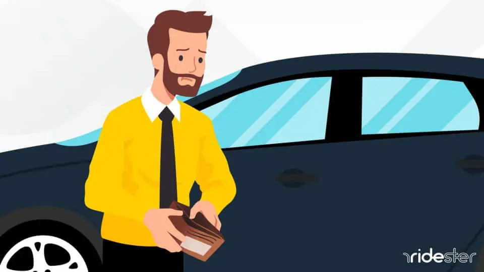 vector graphic showing a man holding a wallet and thinking about driving without a license