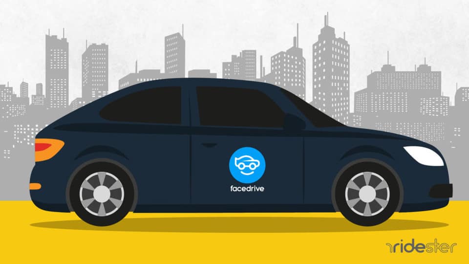 vector graphic showing a car with facedrive branding on it driving through a city