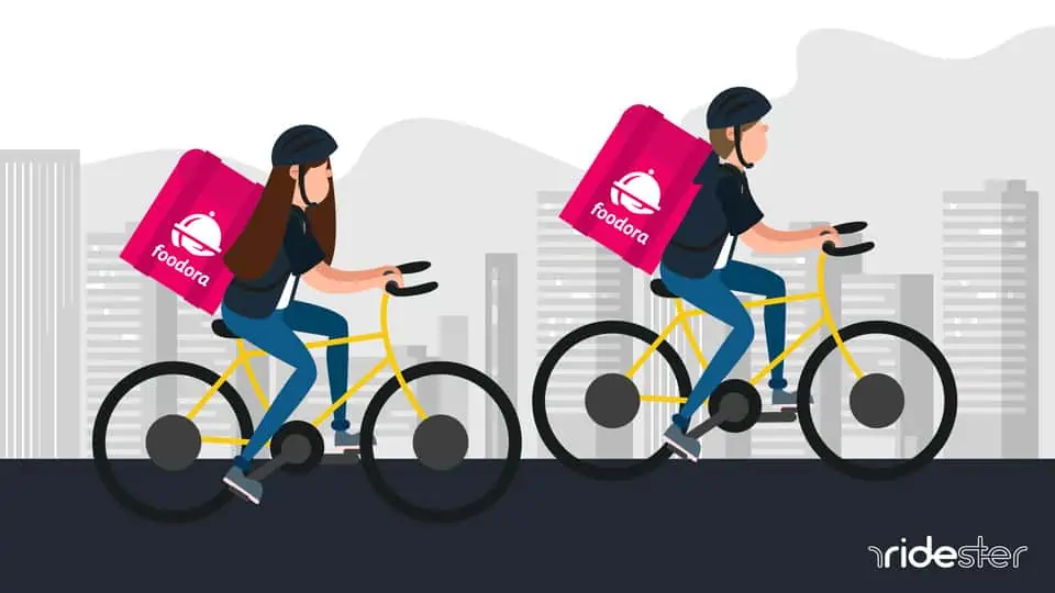 vector graphic showing two foodorda delivery couriers on their bikes with a foodora bag on their backs on their way to deliver an order