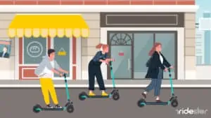 vector graphic showing a group of people riding gotcha scooters down a city street