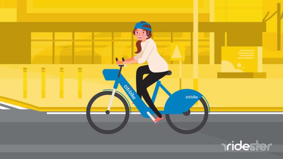 vector graphic showing a woman on a citi bike for top of how to use citi bike page