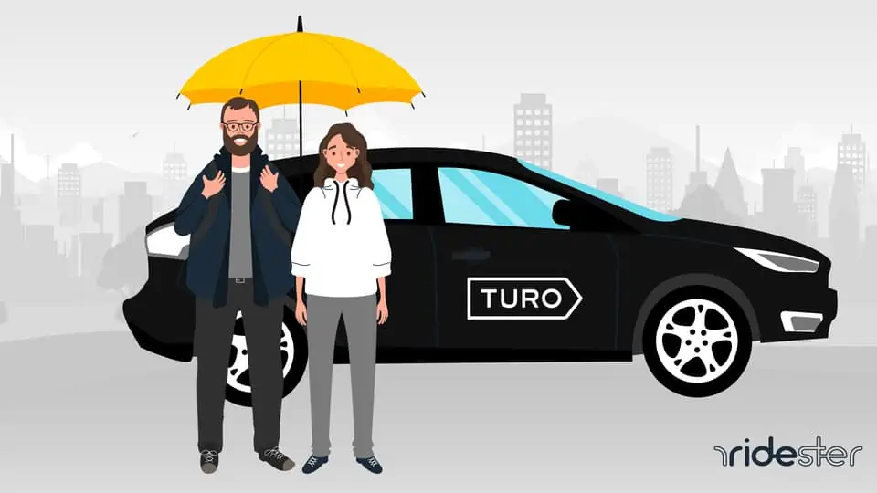 vector graphic showing a Turo rental couple walking away from a Turo vehicle wondering is Turo safe or not