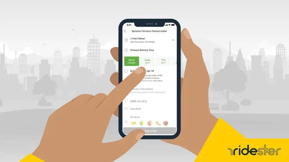 vector graphic showing a hand holding a smartphone and trying to schedule instacart deliveries