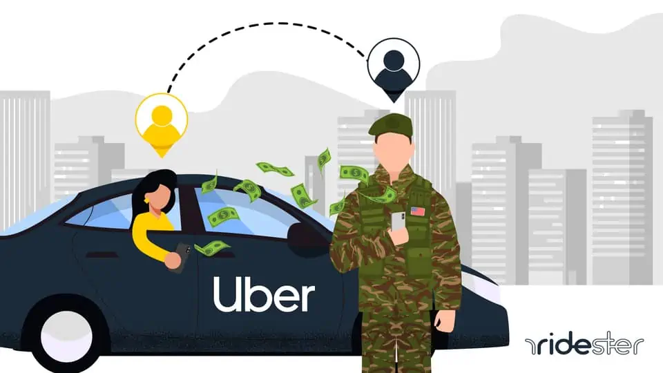 vector graphic showing an uberMILITARY vehicle outside of a base picking up a passenger