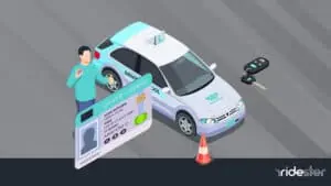 vector graphic showing a person standing next to an aceable vehicle and learning to drive