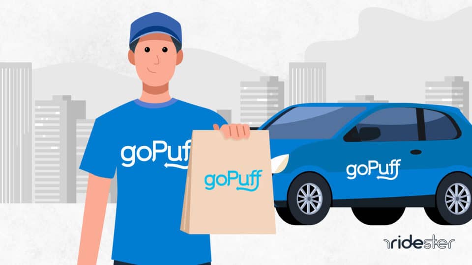 vector graphic showing a gopuff delivery driver holding a customer order and near a gopuff delivery vehicle