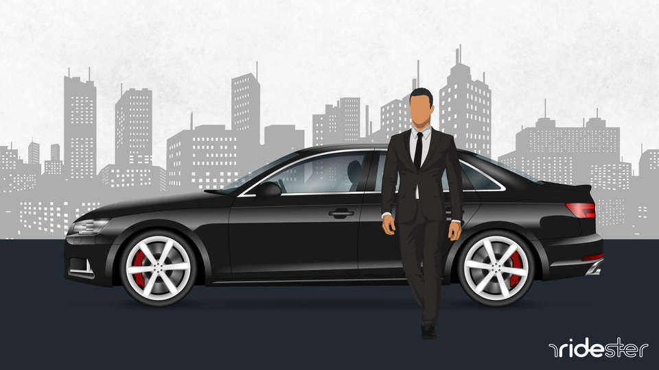 vector graphic showing a blacklane limo vehicle with a driver standing outside of it to pick up a passenger