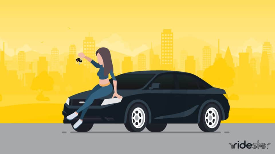 vector graphic showing a person sitting on the hood of a car to illustrate the car rentals for 18 year olds available