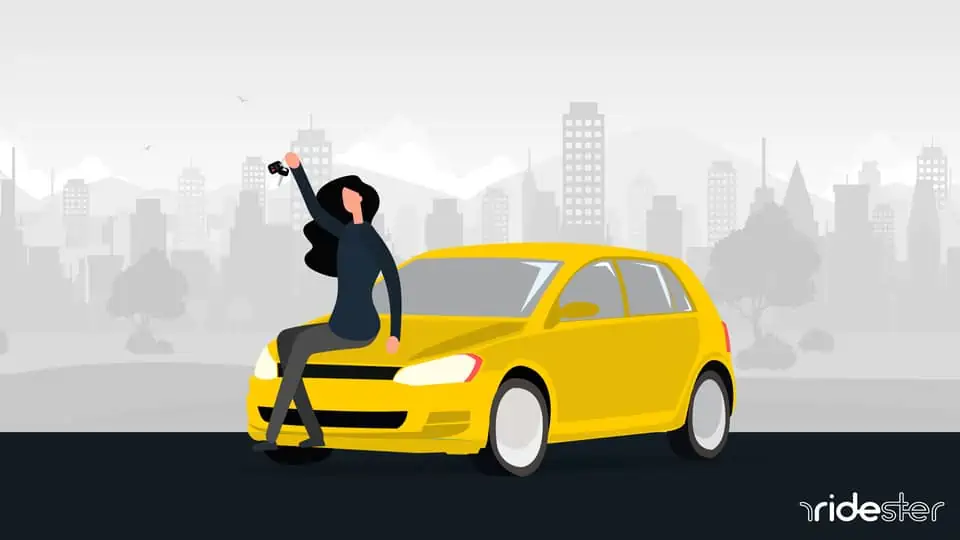vector graphic showing a person sitting on the hood of a car to illustrate the car rentals for 19 year olds available