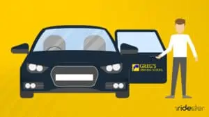 vector graphic showing a student getting out of a greg's driving school vehicle