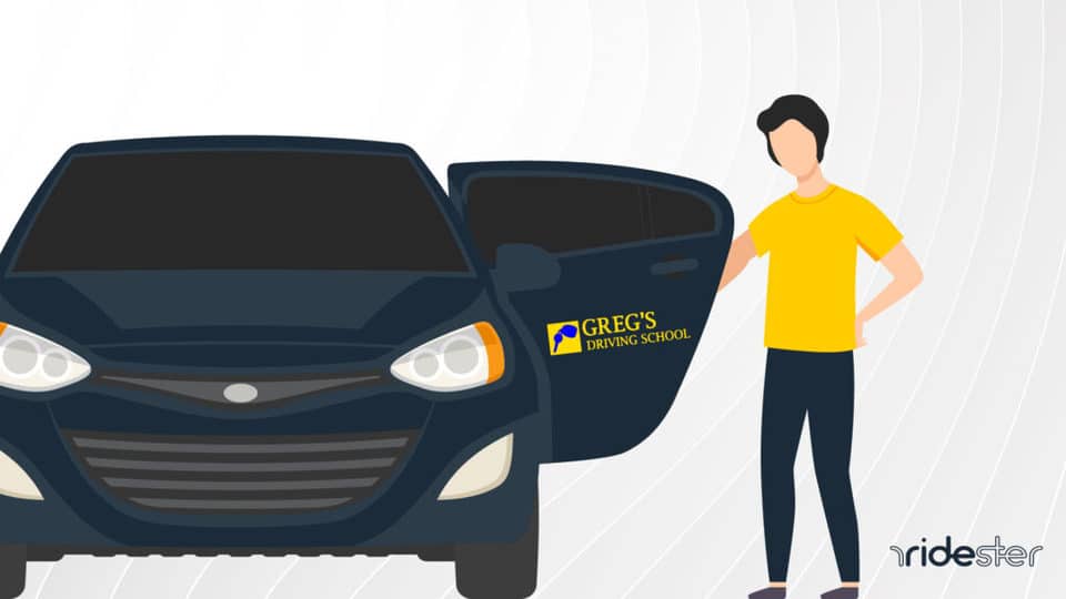 vector graphic showing a student getting out of a greg's driving school vehicle