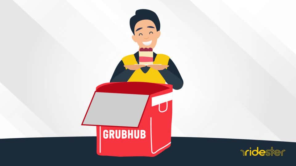 vector graphic showing a grubhub delivery driver taking a food delivery order out of a grubhub bag