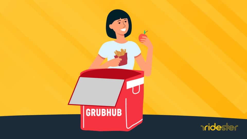vector graphic showing a grubhub delivery driver taking a food delivery order out of a grubhub bag