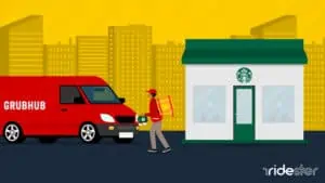 vector graphic showing a grubhub starbucks order being picked up and delivered to a customer