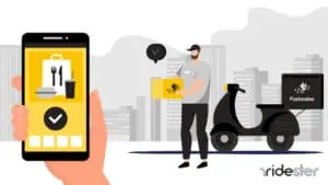vector graphic showing a hand holding a phone running the postmates app and a courier right behind that to illustrate how does postmates work