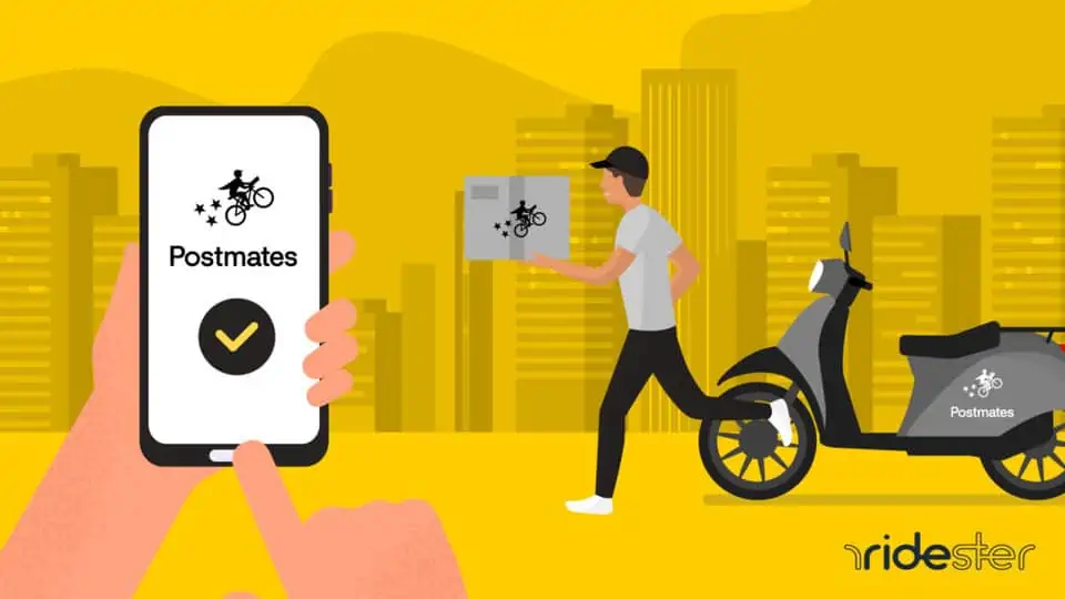 vector graphic showing a hand holding a phone running the postmates app and a courier right behind that to illustrate how does postmates work