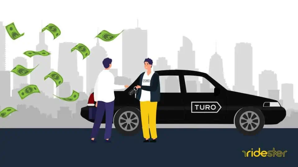 vector graphic that shows a person renting their car to a customer on Turo to illustrate how much can you make on turo answer