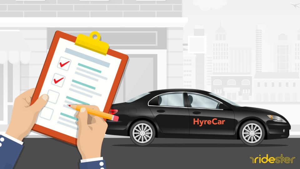 vector graphic showing a hand holding a clipboard and inspecting a vehicle to see if it meets the hyrecar vehicle requirements standards