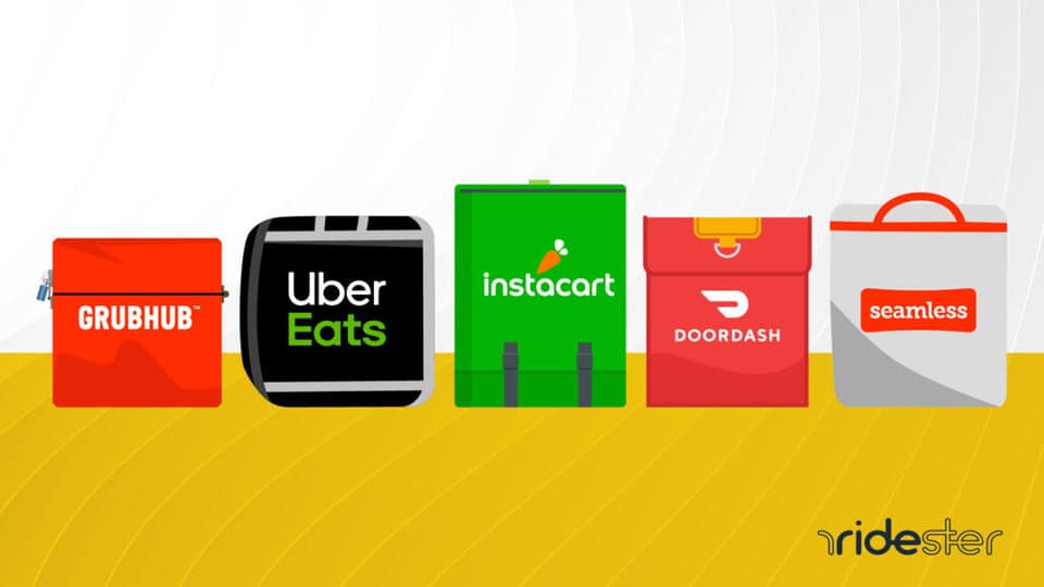 vector graphic showing a row of insulated food delivery bags next to one another with various food delivery service logos on each