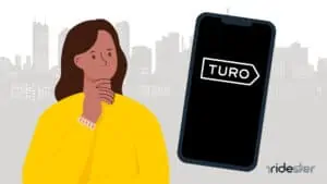vector graphic showing a woman standing next to a phone with the turo app on the screen wondering "is turo worth it"
