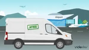 vector graphic showing a jayride vehicle driving down a city street