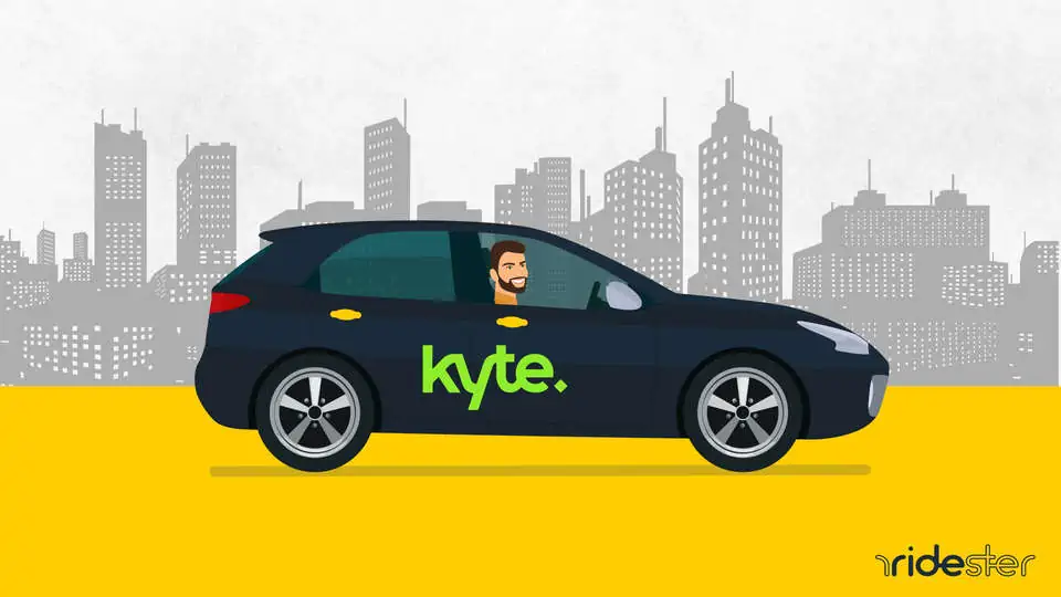 vector graphic showing a kyte car rental vehicle against a background that looks like a city