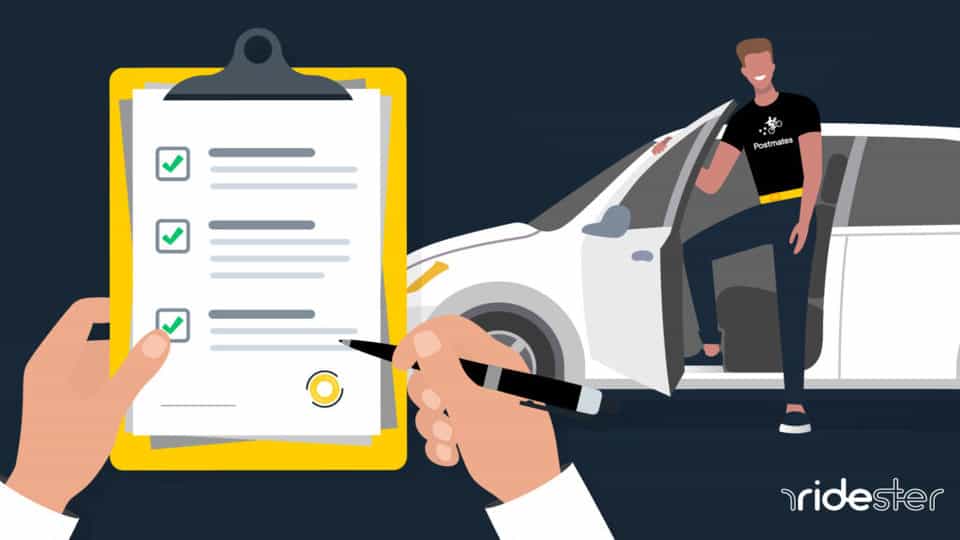 vector graphic showing a man getting evaluated for the postmates driver requirements that every driver must meet to drive for the service