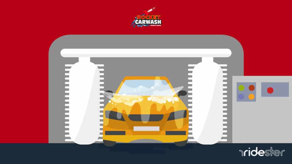vector graphic showing a car in a rocket carwash location