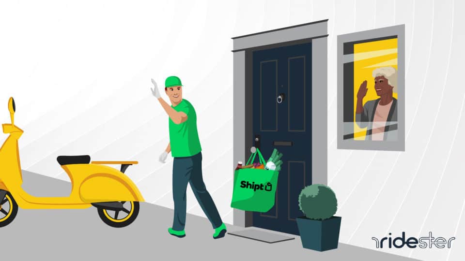 vector graphic showing a shipt shopper dropping groceries off at a customer's door
