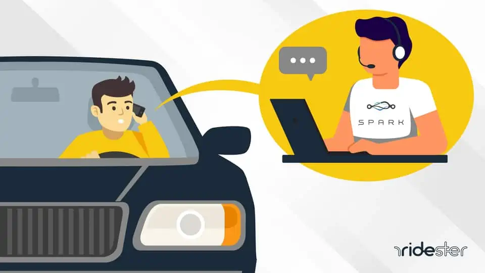 vector graphic showing a Spark driver sitting in a car and speaking on the phone with a spark driver customer service representative