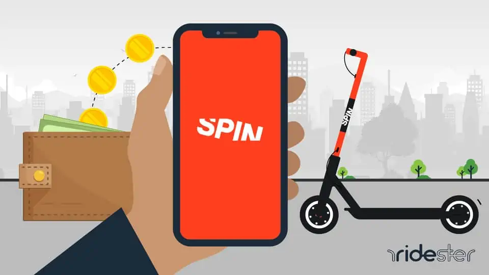 vector graphic showing a spin scooter, a person riding the scooter, and elements of money-saving because of a spin scooter promo code is used