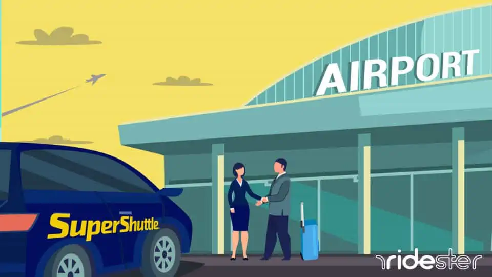 vector graphic showing a supershuttle vehicle picking passengers up at an airport