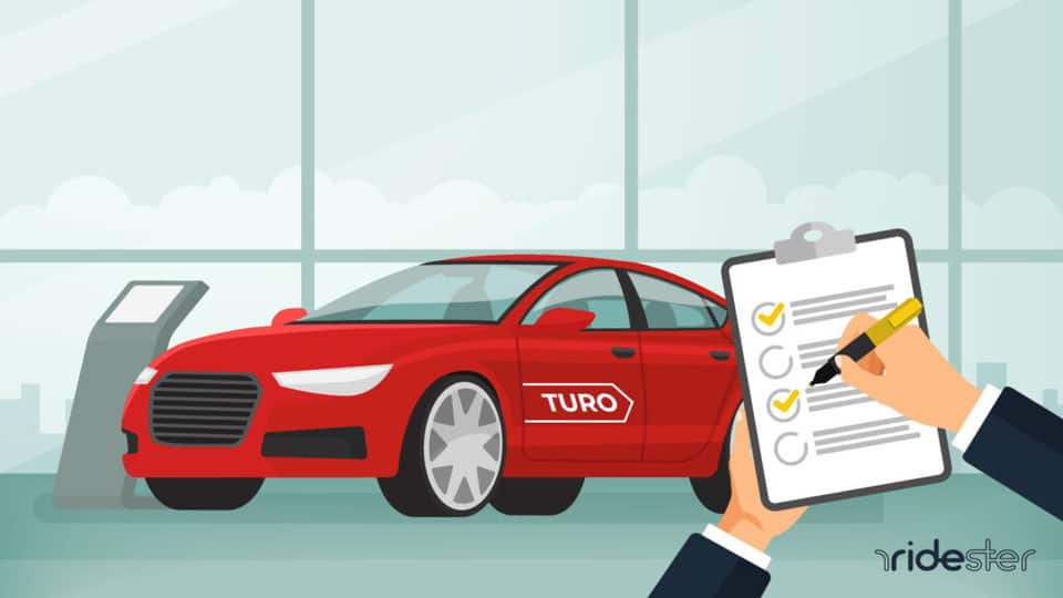 vector graphic showing a turo vehicle being evaluated by a hand holding a clipboard on which is a paper with turo car requirements