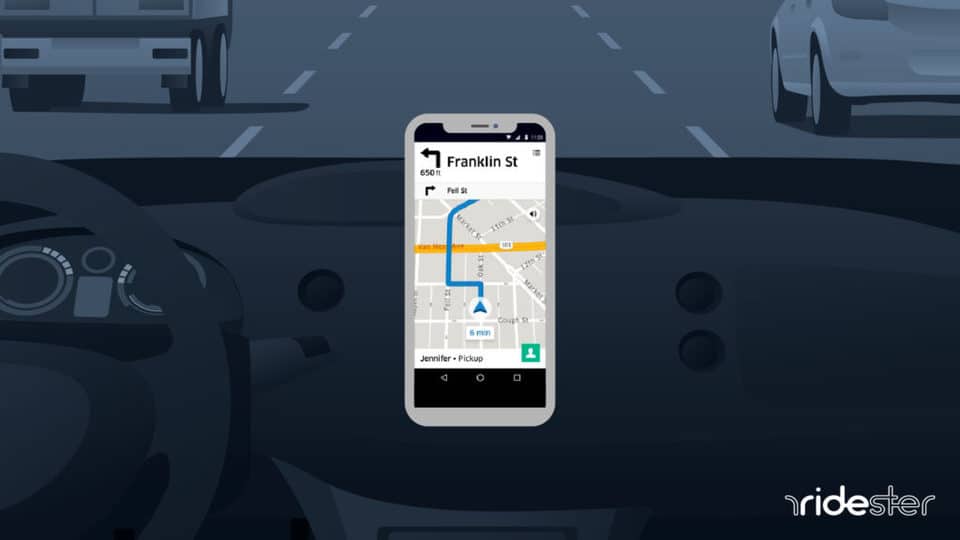 vector graphic showing a phone mounted to the dash of a car running the Uber Nav app