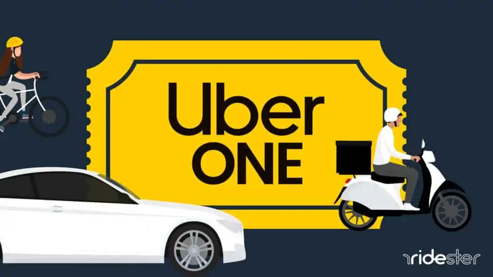 vector graphic showing an Uber One image on a big sticker with an Uber Eats courier riding by and an Uber driver driving by