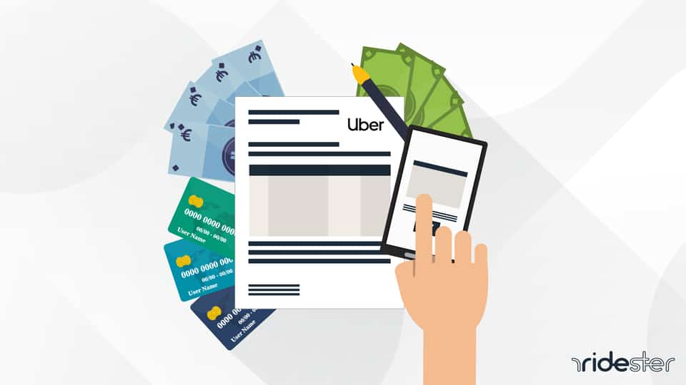 vector graphic showing a hand holding an Uber pay stub and calculating their earnings