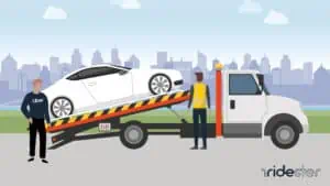vector graphic showing an Uber roadside assistance vehicle towing another on the back of a trailer